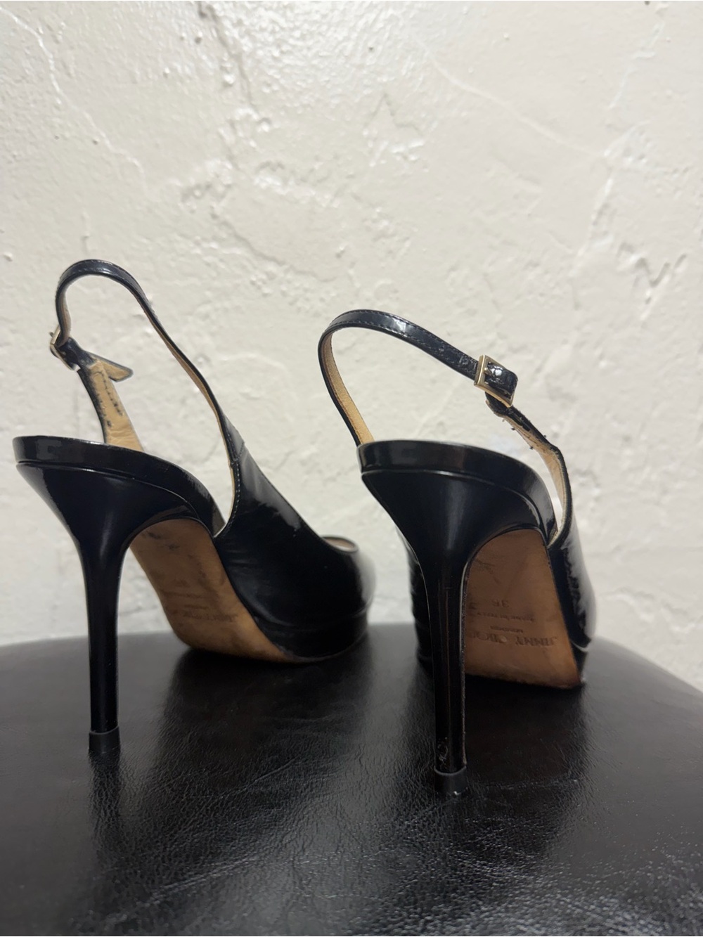 Jimmy Choo Black Patent Leather Peep-Toe Slingback Heels - Picture 5 of 15